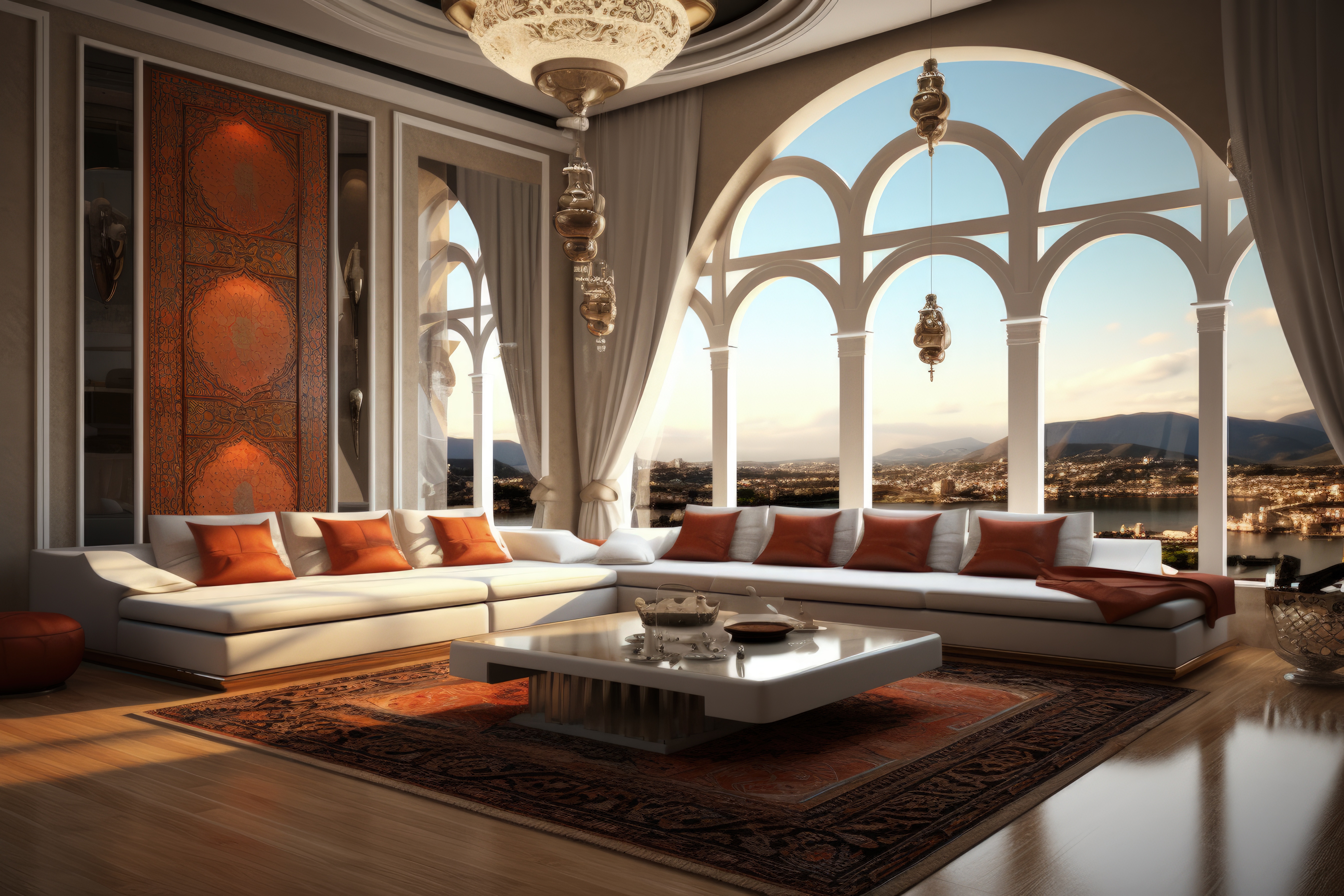 Professional steam-cleaning a large area rug in a bright Dubai villa living room