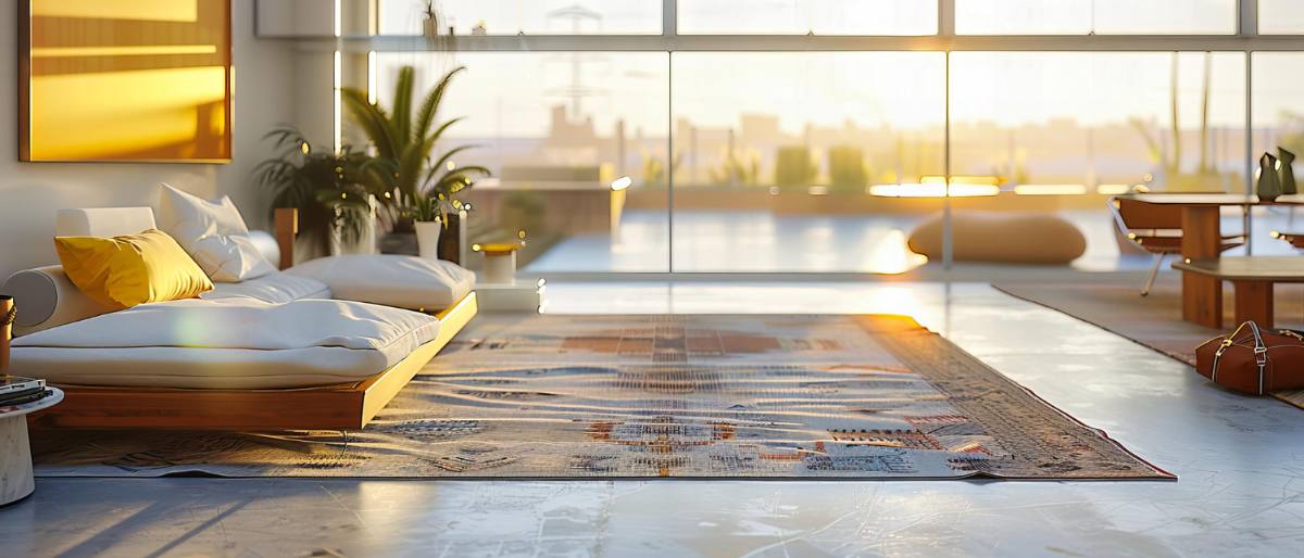 Large patterned area rug styled in a modern Dubai living room