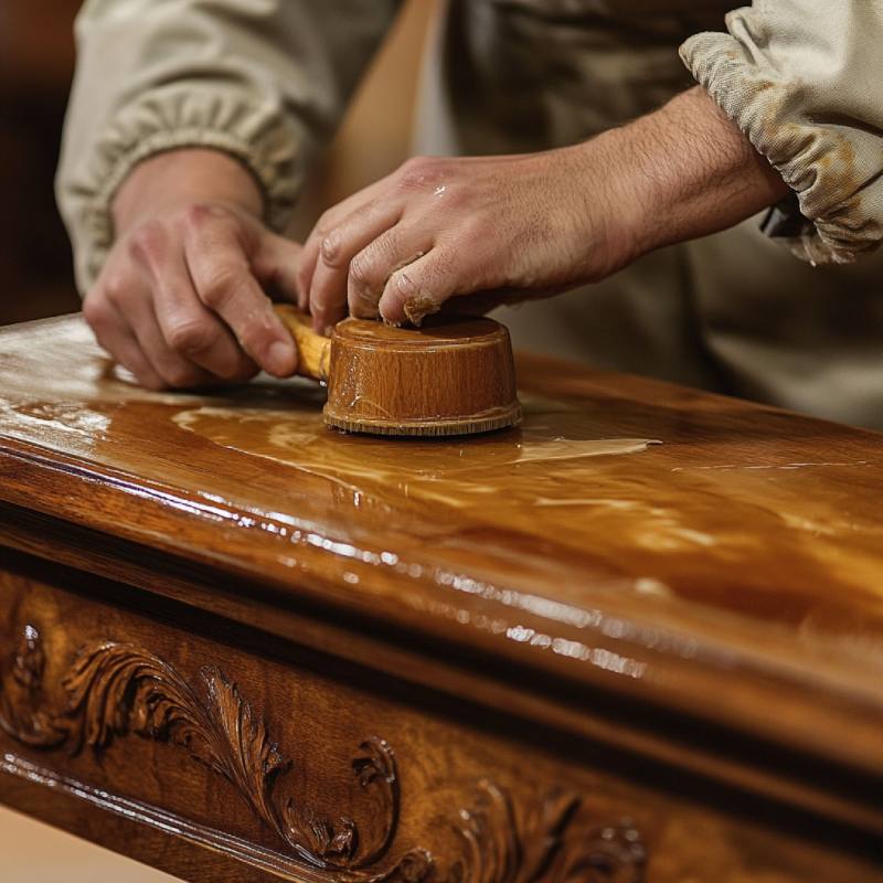 Applying protective polish to a carved wooden cabinet