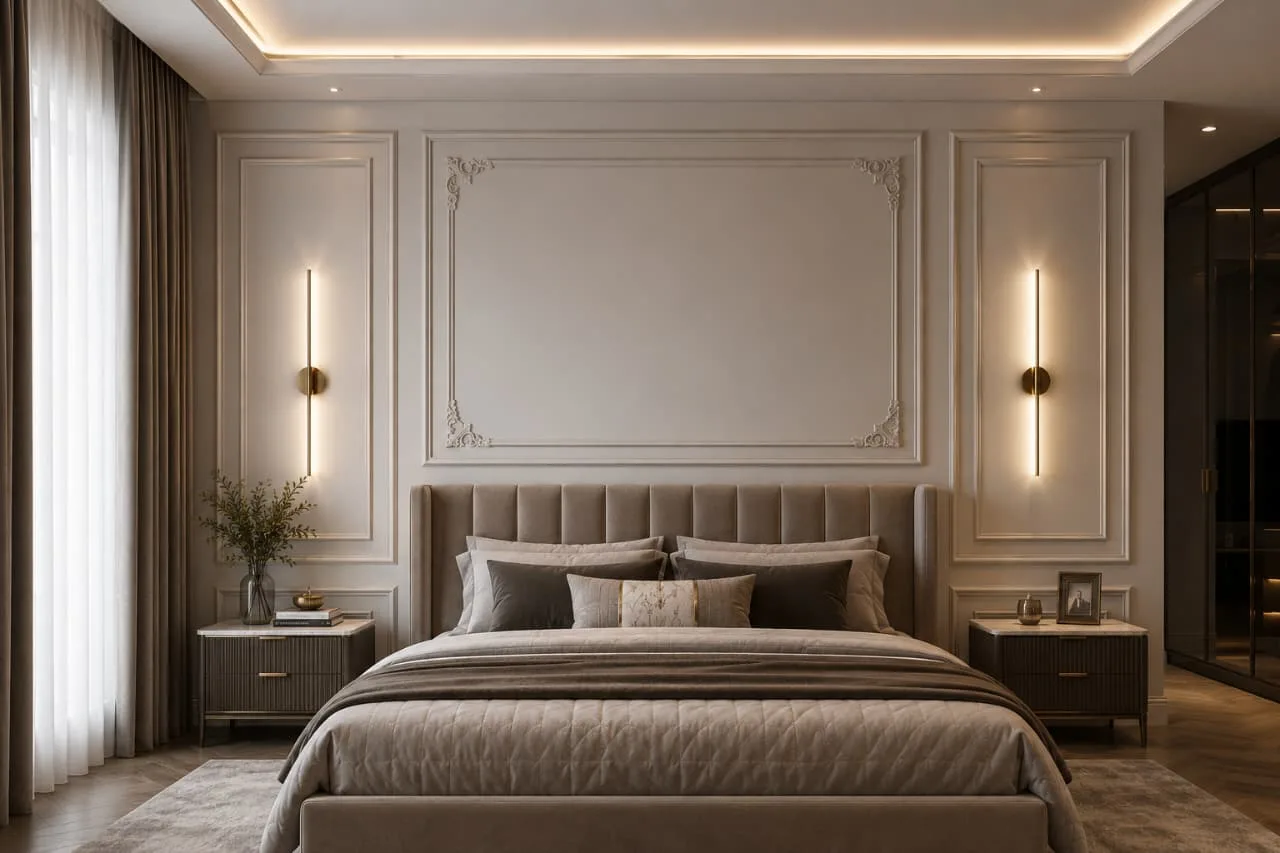 Bedroom wall molding behind bed in Dubai
